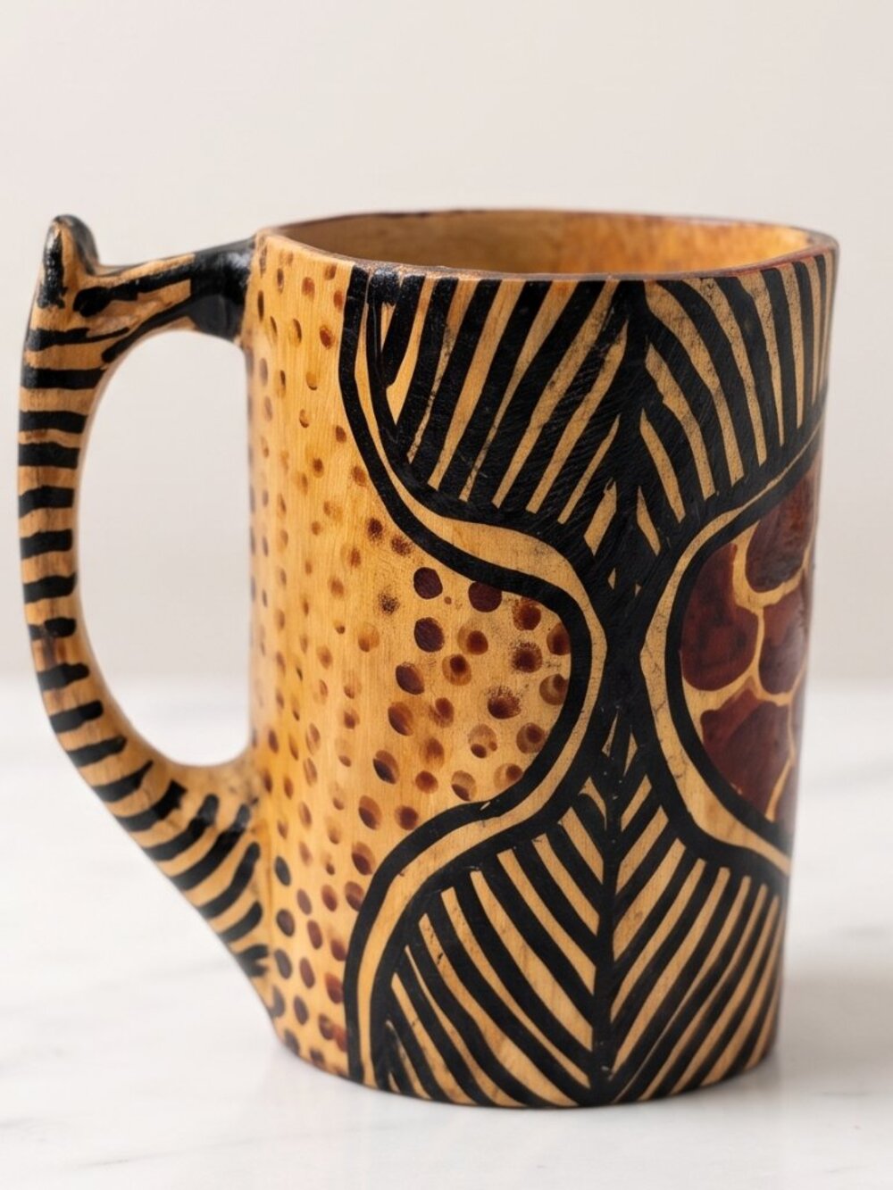 Hand Carved Wood Mug African Tribal Geometric Folk Art Painted Cup 4.25in Accent